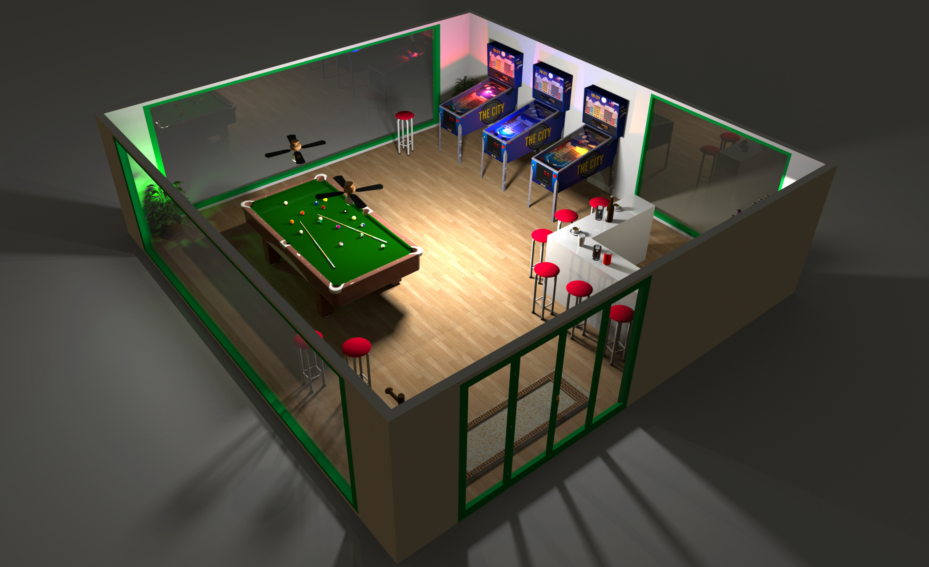 3d interior rendering of furnished recreation room