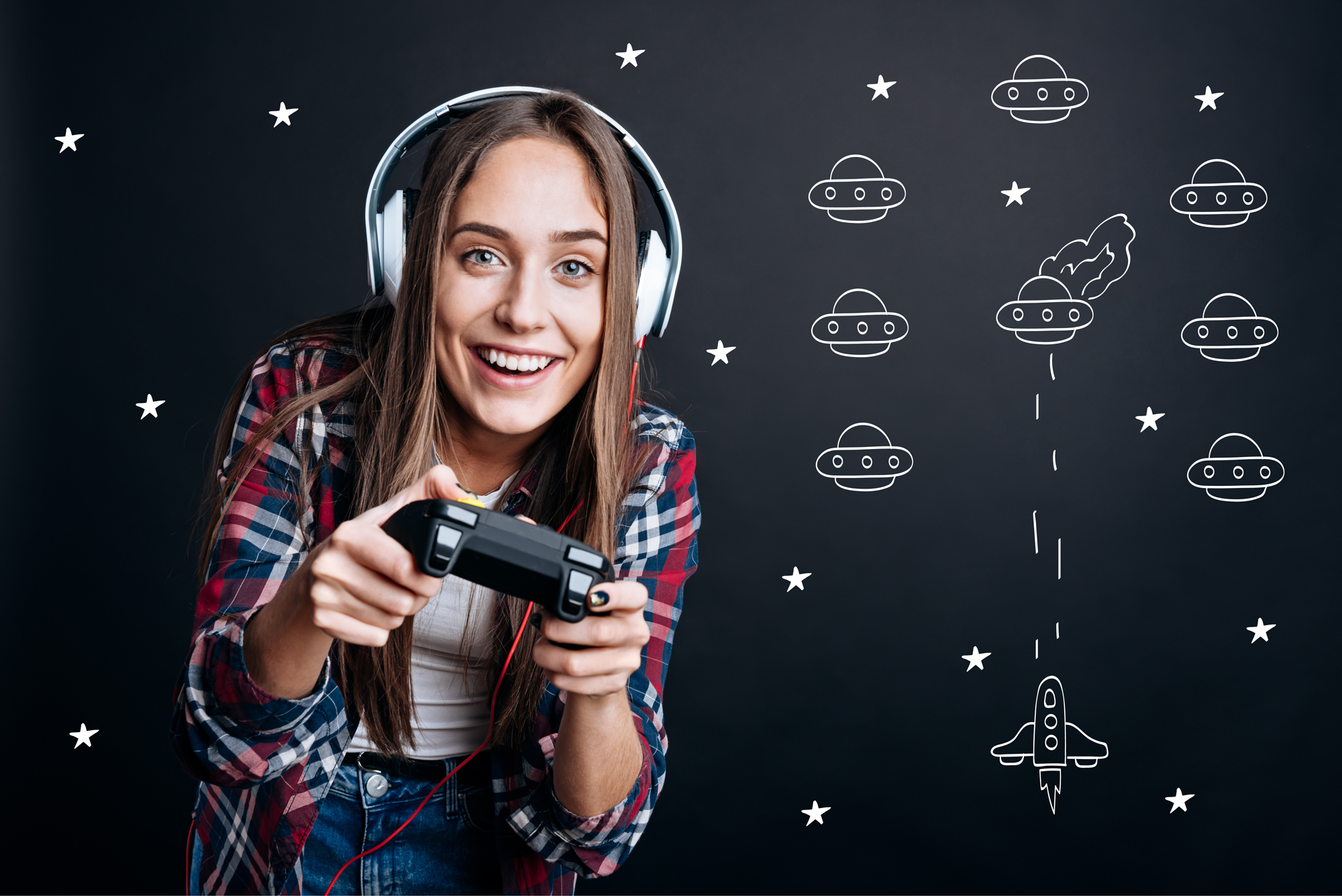 Cheerful delighted woman playing video games