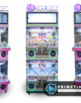 Toy Box crane machine with three angles of the same machine showing. Built by UNIS