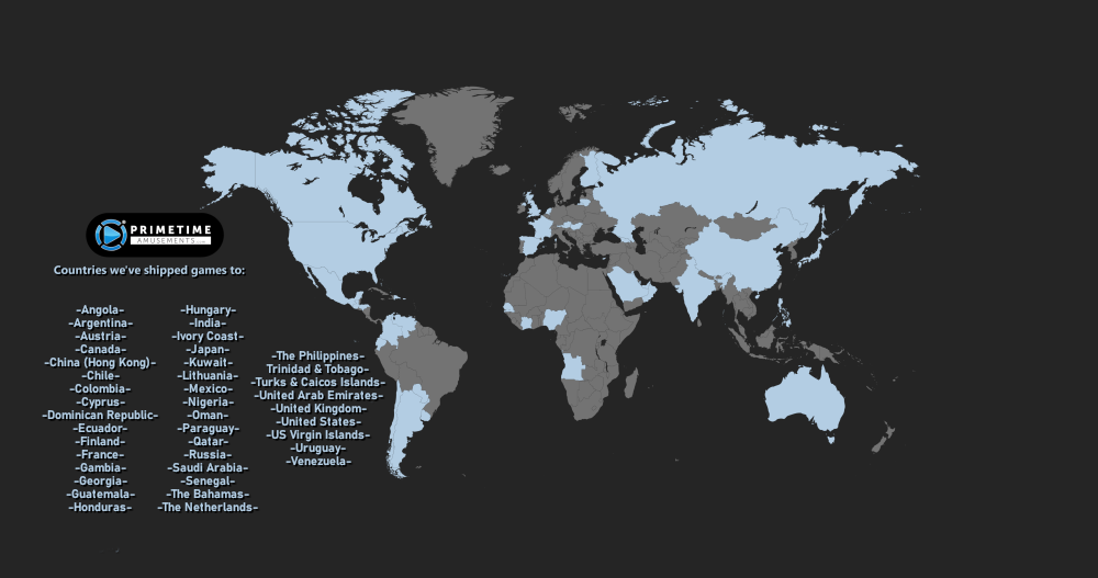PrimeTime Amusements Worldwide Shipping Map, 2024